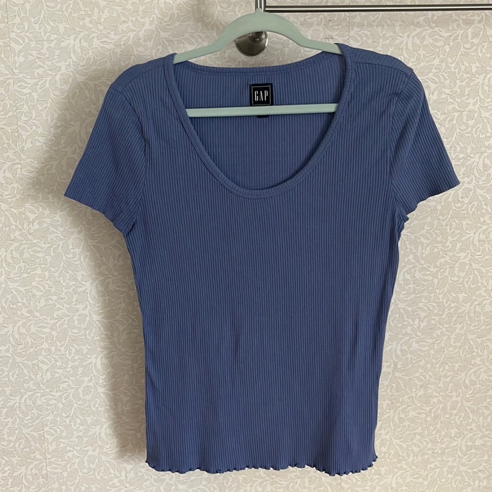 Gap Blue Lettuce Hem Ribbed Scoopneck T Shirt Large Tall